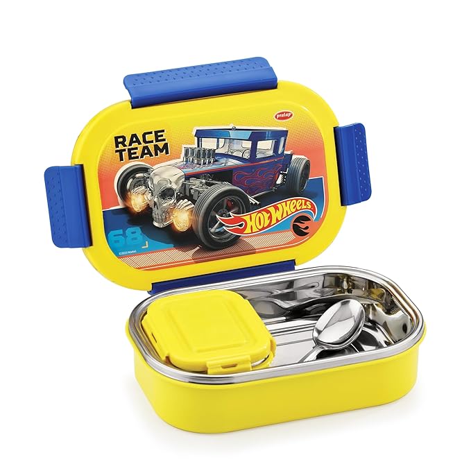 Yellow lunch box with 'Hot Wheels' design featuring a race car and skull, on a white background.